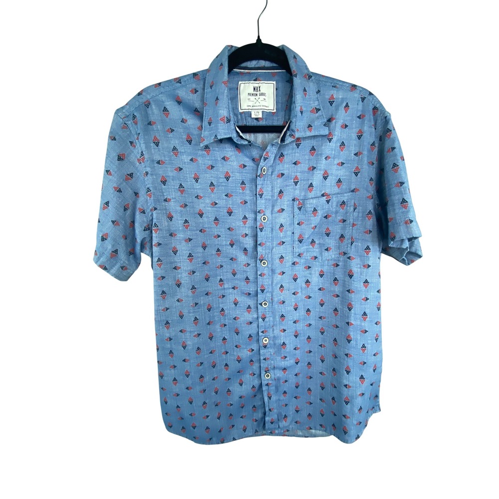 MBX Premium Goods Mens Shirt L Blue Red Geometric Diamond Short Sleeve Button Up